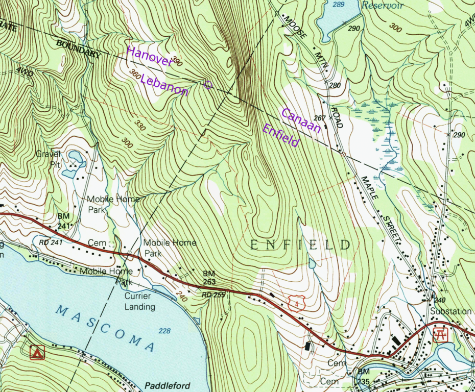 The 1996 USGS Topo map showing the Hanover, Canaan, Enfield, and Lebanon border from the NH_Enfield_329548_1996_24000_geo. Markup in purple