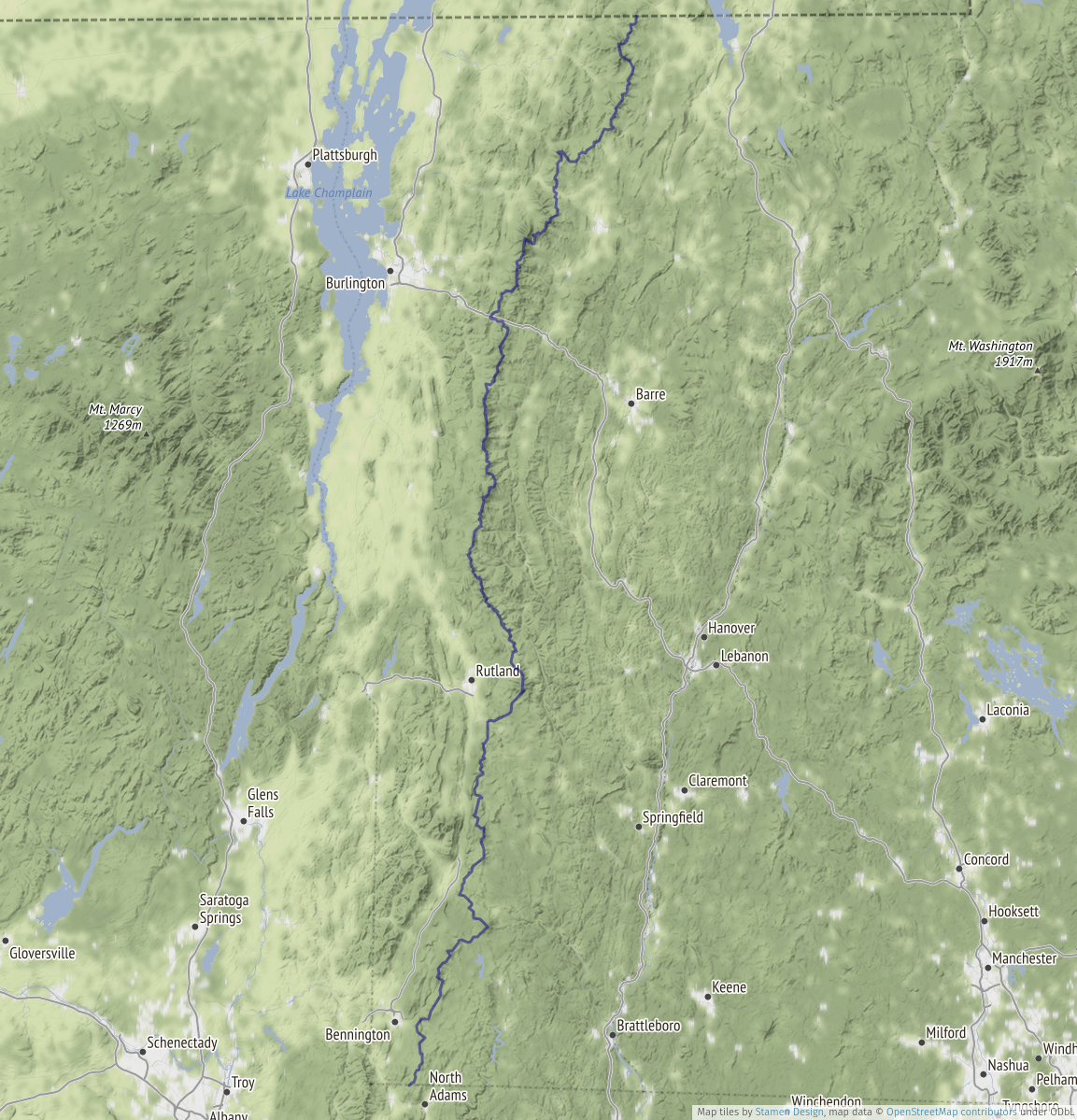 Entire Long Trail route exported from OpenStreetMap and superimposed on a terrain map.