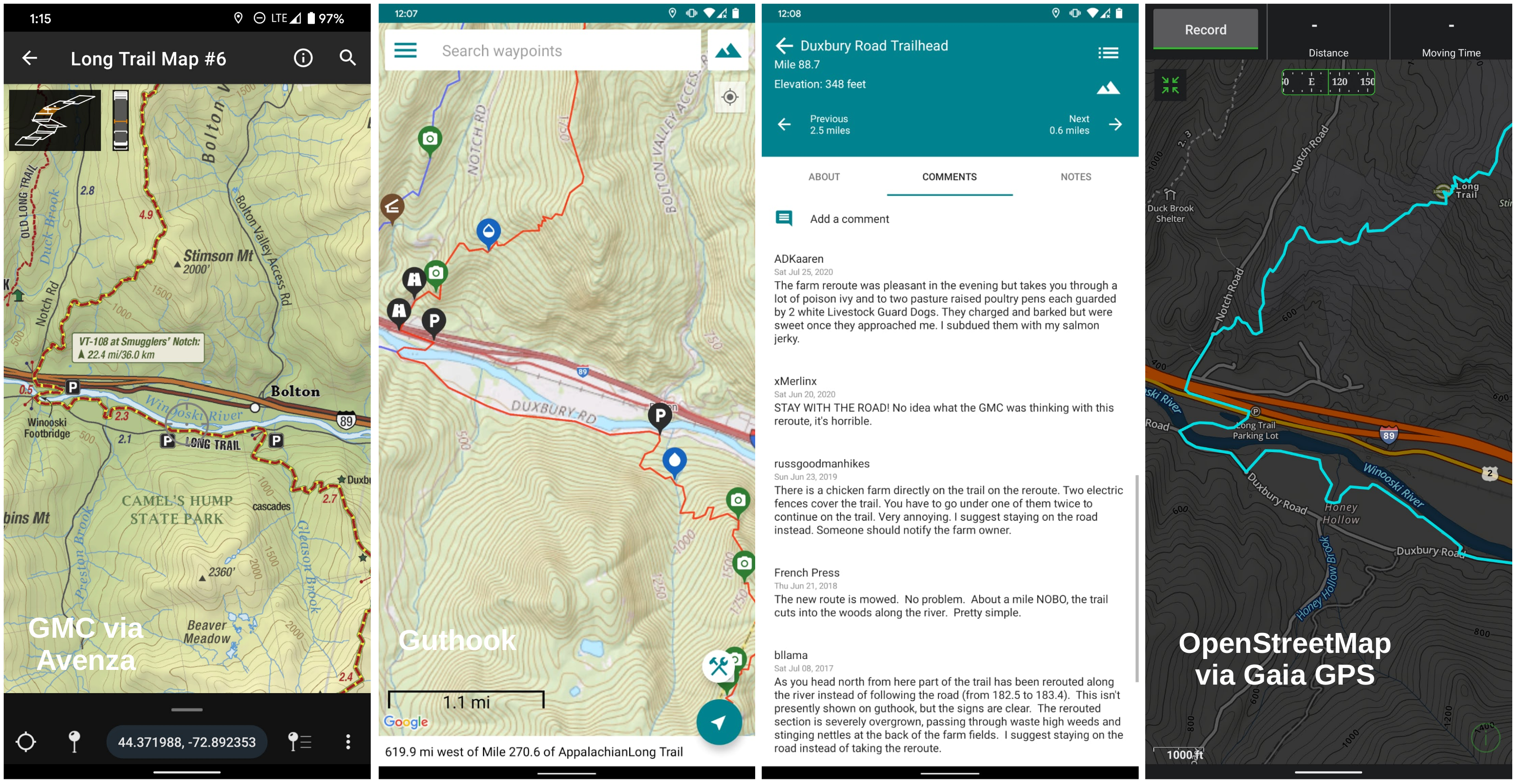 The big three Long Trail maps side-by-side: GMC via Avenza, Guthook Guides, and OpenStreetMap via Gaia GPS.