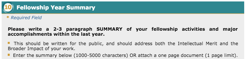 Screenshot of the Fellowship Year Summary prompt