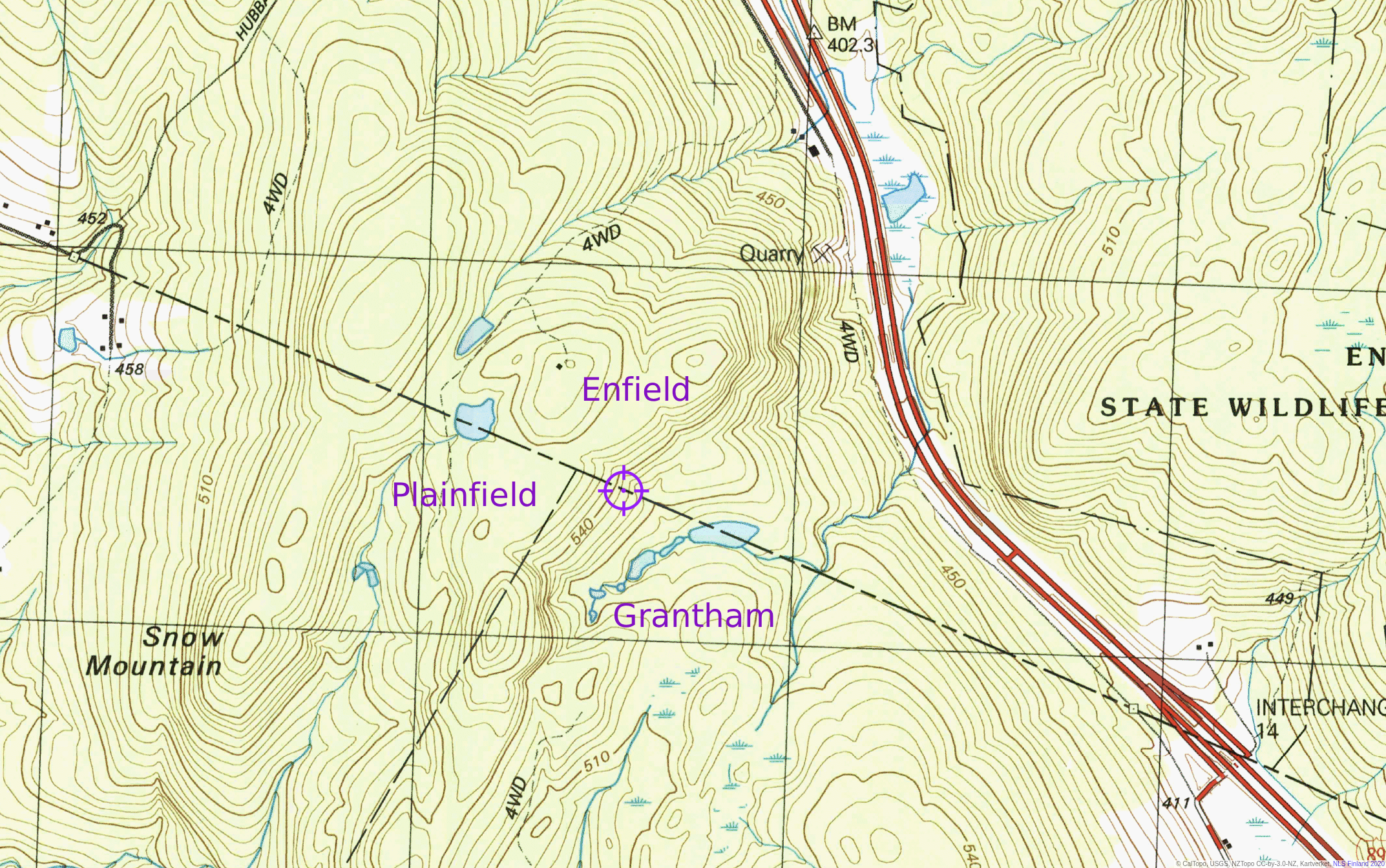 The 1996 USGS Topo map showing the Enfield, Grantham, Plainfield border. Markup in purple